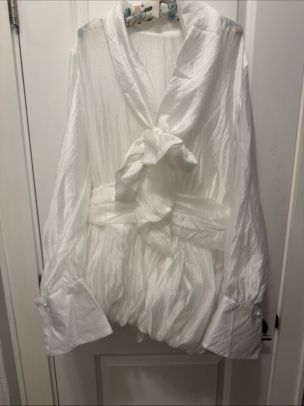 White Textured Mini Dress with Tie-Neck Detail